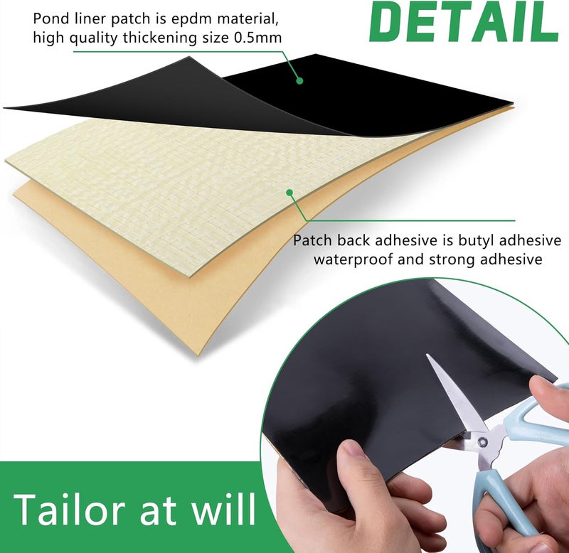 Adnee 2 Pcs Pond Liner Repair Patch-10 x 10 Inches Self-Adhesive EPDM Liner Repair Patch Kit-Thickened Square Rubber Pond Liner Seam for EPDM Garden Pond Patch Cover Repair - Image 4